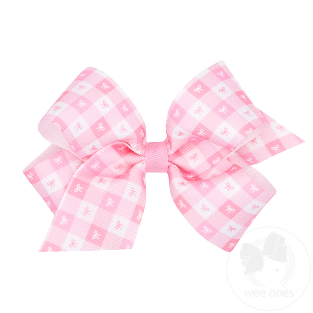 Medium Pearl Pink Gingham Bows Print Grosgrain Hair Bow