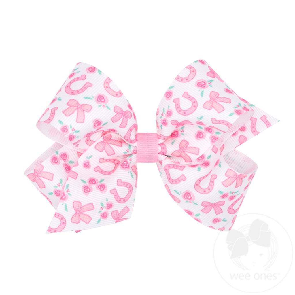 Medium Lucky Horseshoes and Roses Print Grosgrain Hair Bow