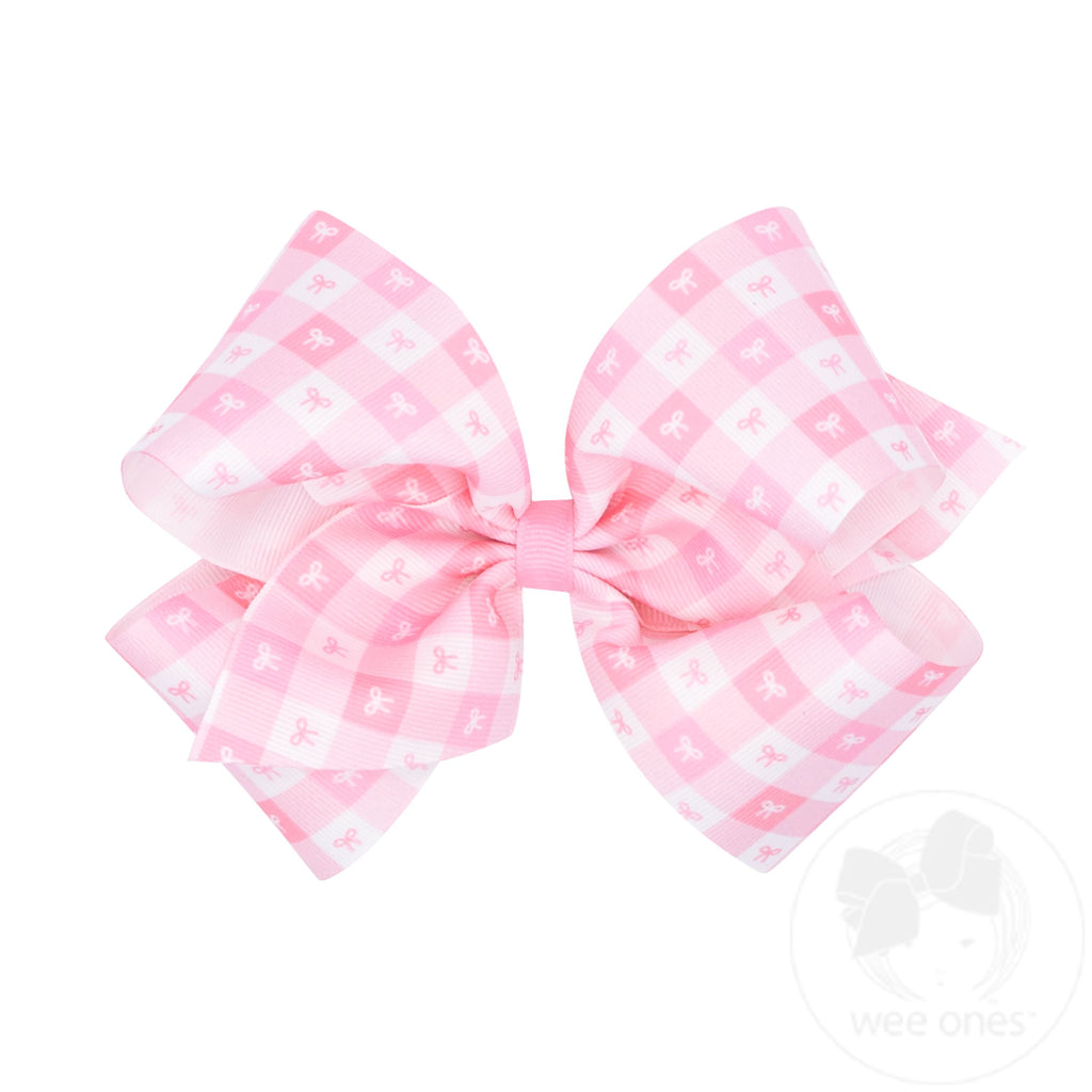King Pearl Pink Gingham Bows Print Grosgrain Hair Bow