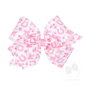 King Lucky Horseshoes and Roses Print Grosgrain Hair Bow