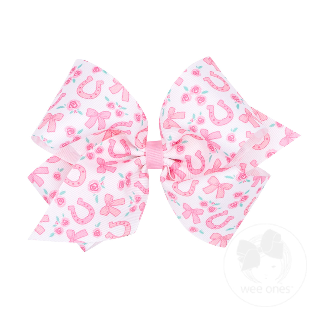 King Lucky Horseshoes and Roses Print Grosgrain Hair Bow