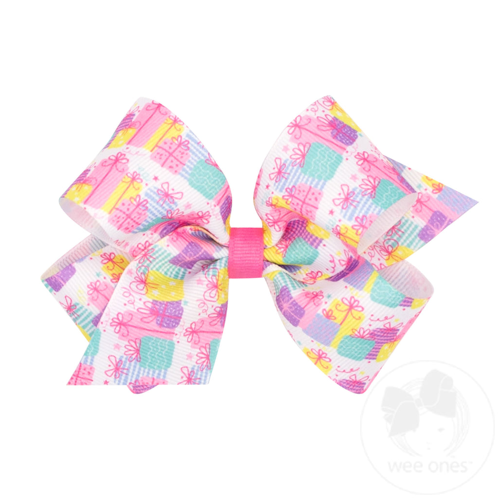 Medium Birthday Gift Print Grosgrain Hair Bow
