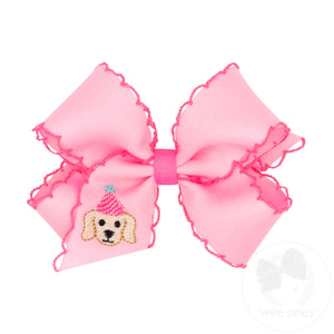 Medium Birthday Puppy Embroidered Moonstitch Edge Hair Bow