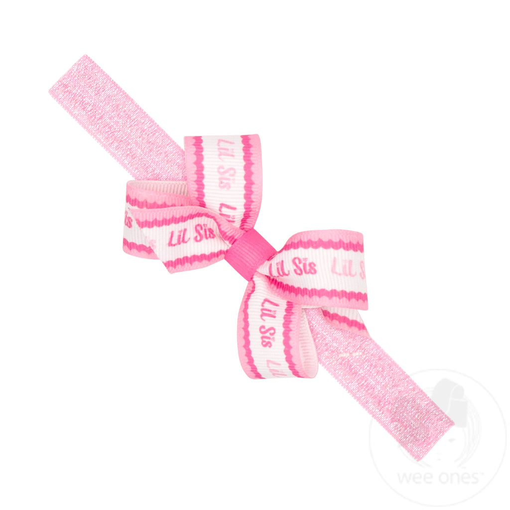 Mini Lil Sis Print Grosgrain Hair Bow on Metallic Baby Band