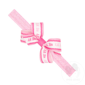 Mini Lil Sis Print Grosgrain Hair Bow on Metallic Baby Band