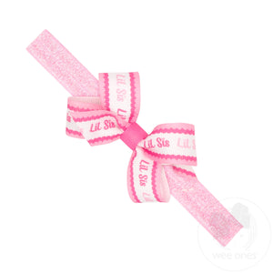 Mini Lil Sis Print Grosgrain Hair Bow on Metallic Baby Band