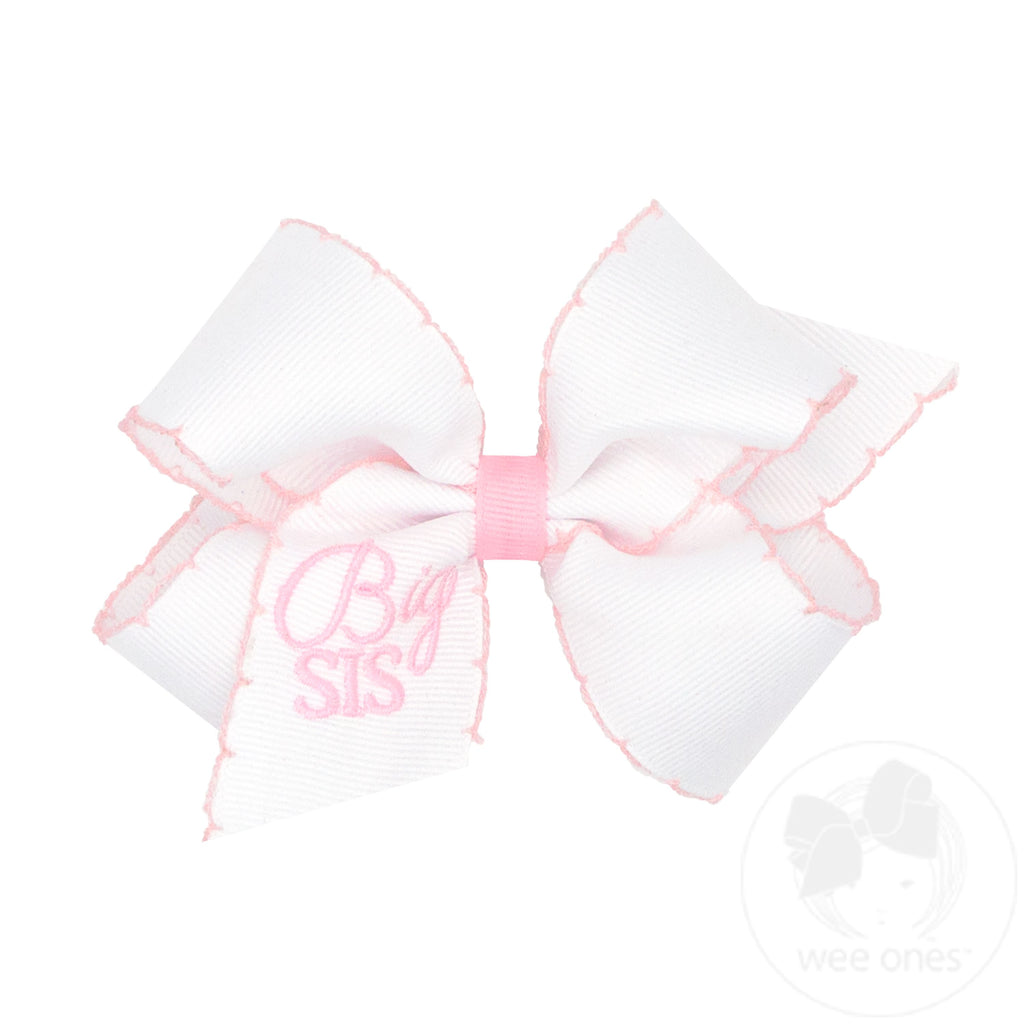 Medium Grosgrain Hair Bow with Light Pink Moonstitch Edge and Big Sis Embroidery