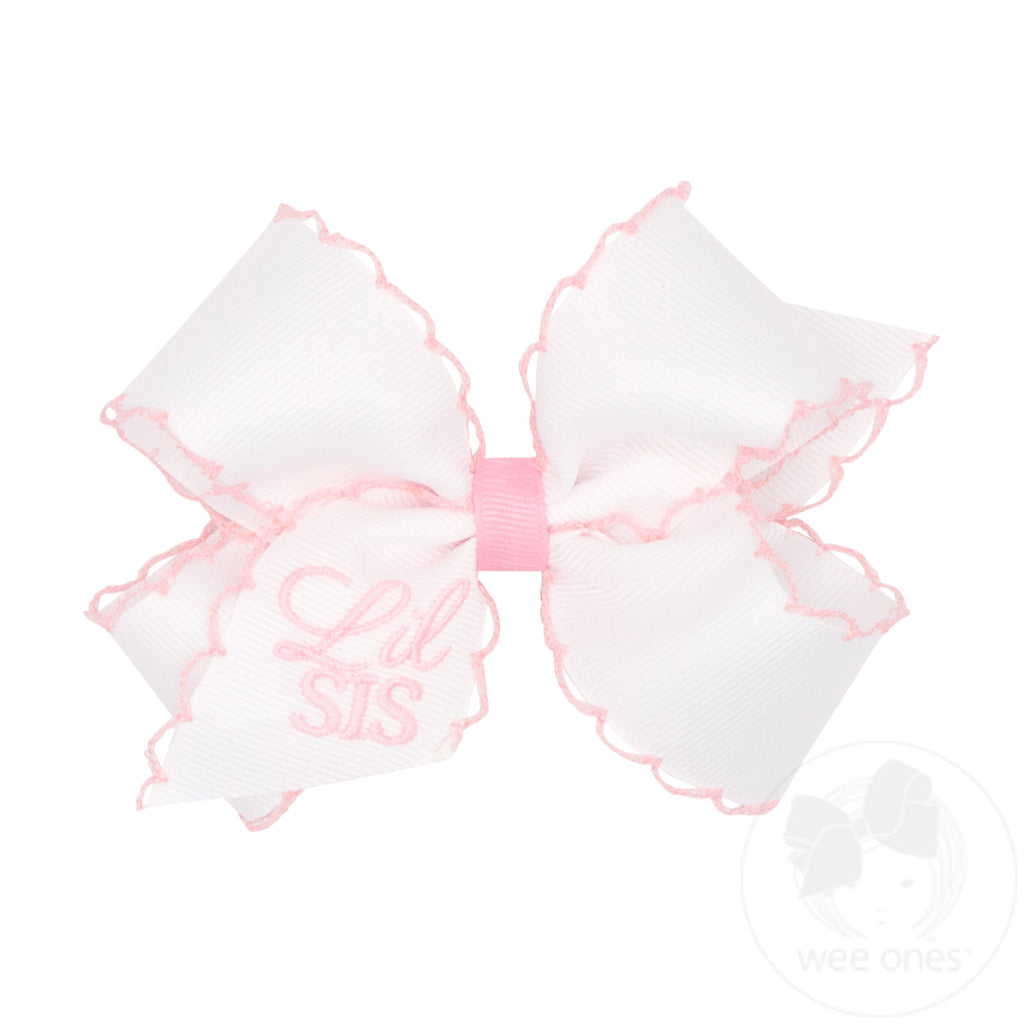 Medium Grosgrain Hair Bow with Light Pink Moonstitch Edge and Lil Sis Embroidery
