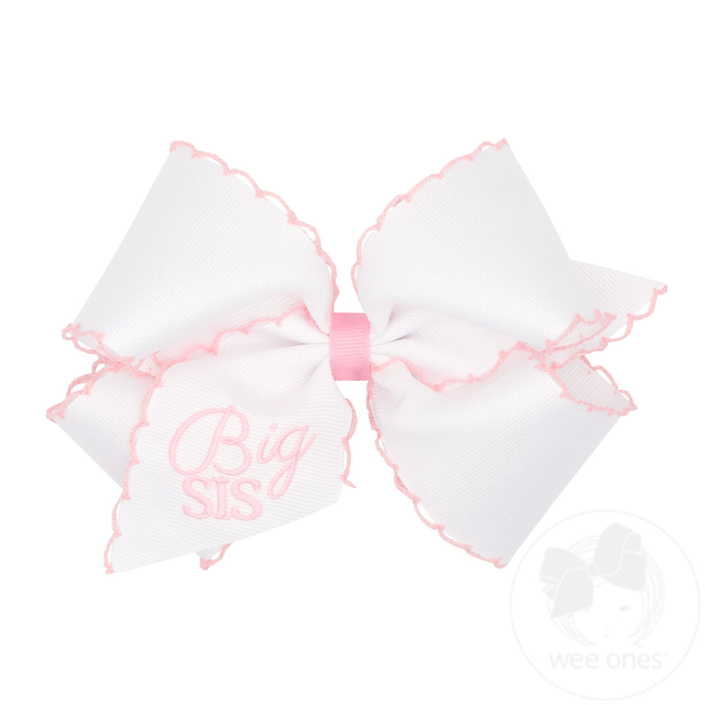 King Grosgrain Hair Bow with Light Pink Moonstitch Edge and Big Sis Embroidery