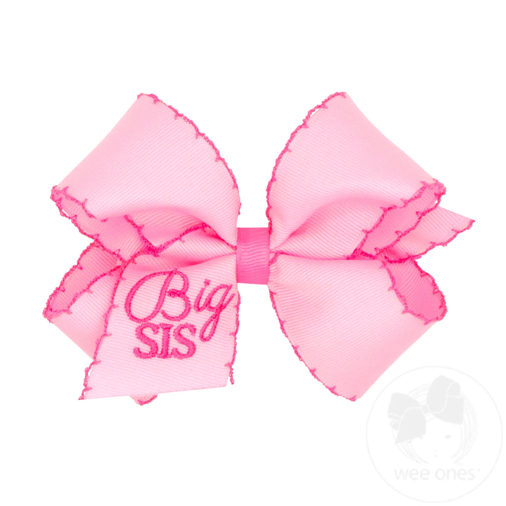 Medium Pink Grosgrain Hair Bow with Hot Pink Moonstitch Edge and Big Sis Embroidery