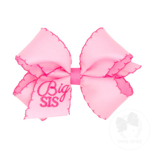 Medium Pink Grosgrain Hair Bow with Hot Pink Moonstitch Edge and Big Sis Embroidery