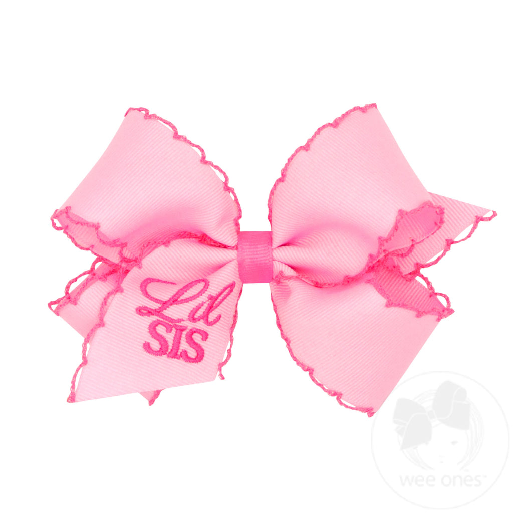 Medium Pink Grosgrain Hair Bow with Hot Pink Moonstitch Edge and Lil Sis Embroidery
