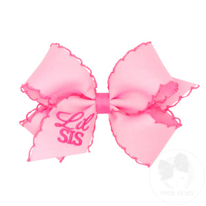 Medium Pink Grosgrain Hair Bow with Hot Pink Moonstitch Edge and Lil Sis Embroidery