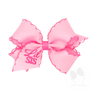Medium Pink Grosgrain Hair Bow with Hot Pink Moonstitch Edge and Lil Sis Embroidery