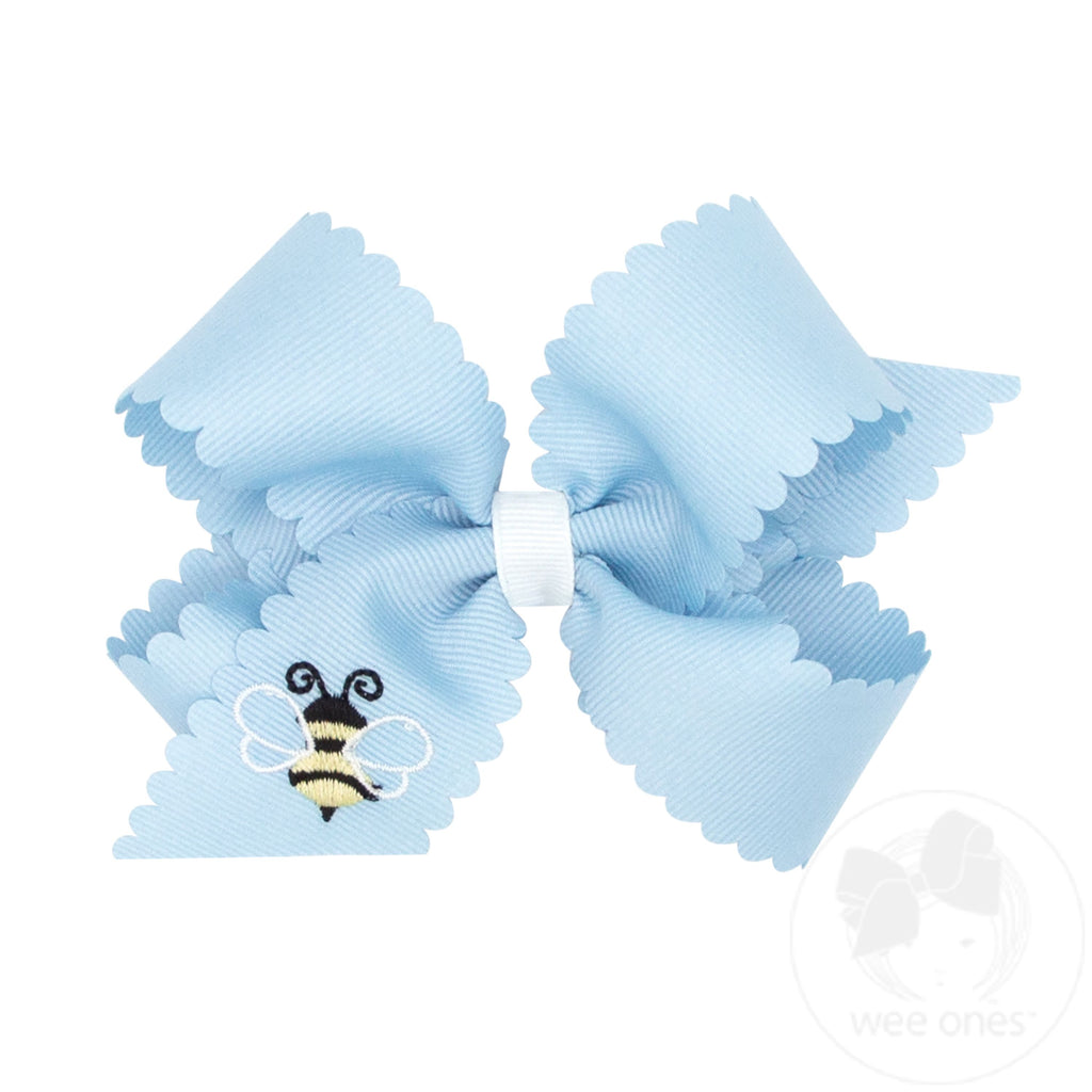 Medium Scalloped Edge Grosgrain Hair Bow with Bee Embroidery