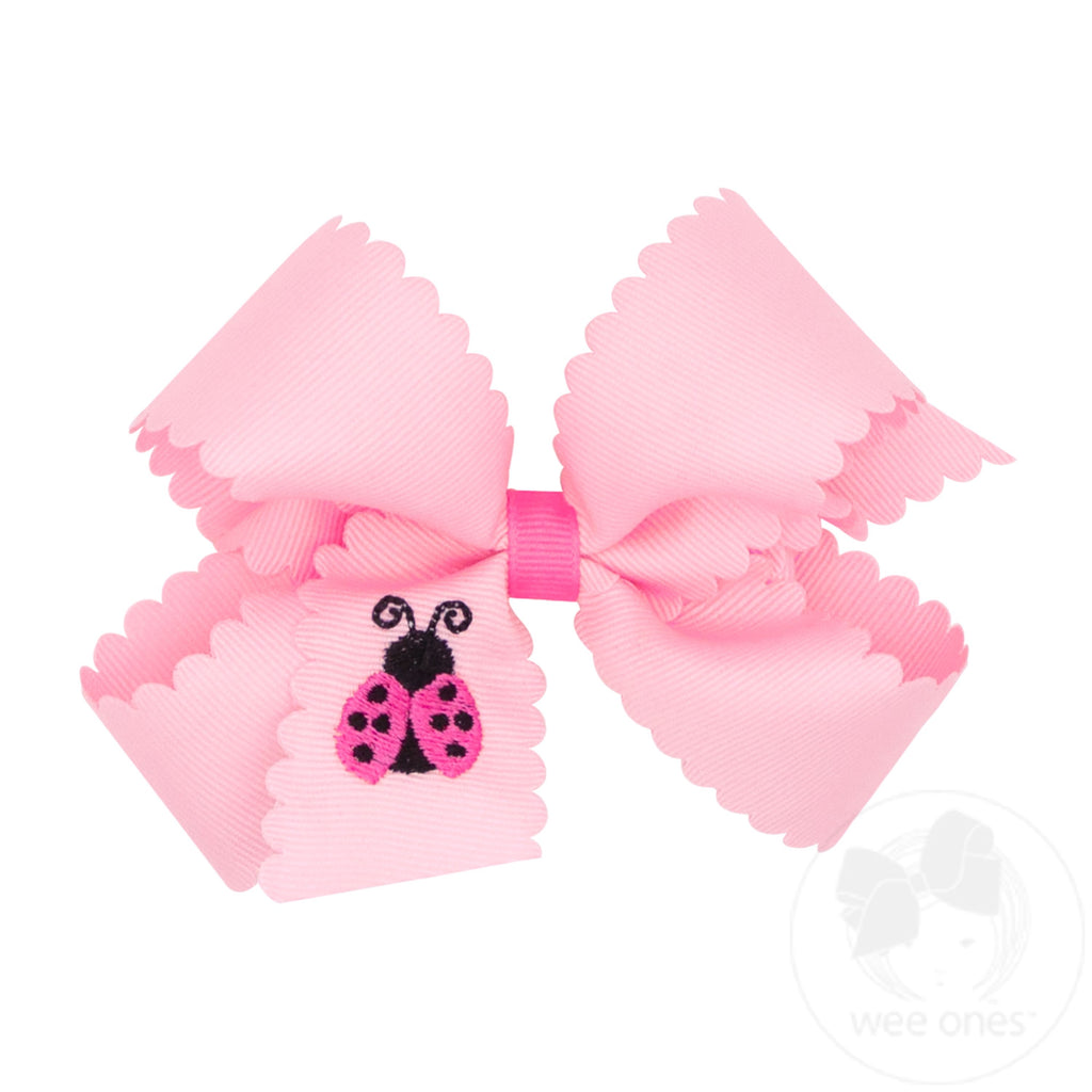 Medium Scalloped Edge Grosgrain Hair Bow with Lady Bug Embroidery