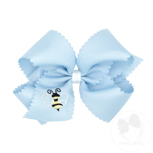 King Scalloped Edge Grosgrain Hair Bow with Bee Embroidery
