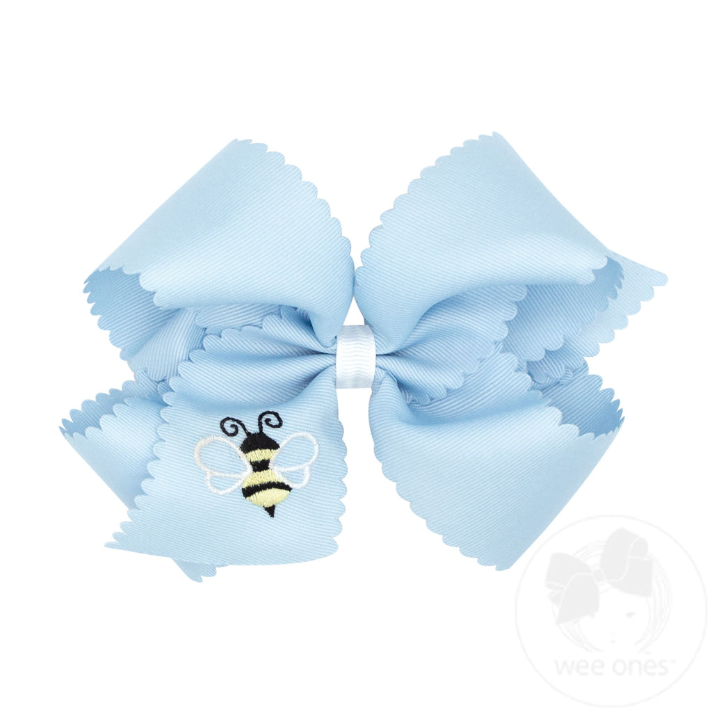 King Scalloped Edge Grosgrain Hair Bow with Bee Embroidery