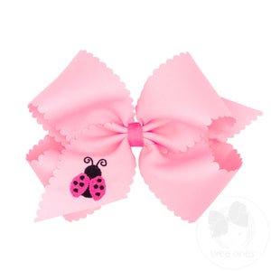 King Scalloped Edge Grosgrain Hair Bow with Lady Bug Embroidery