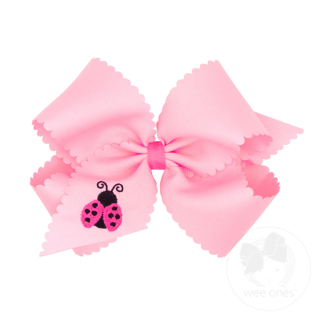 King Scalloped Edge Grosgrain Hair Bow with Lady Bug Embroidery