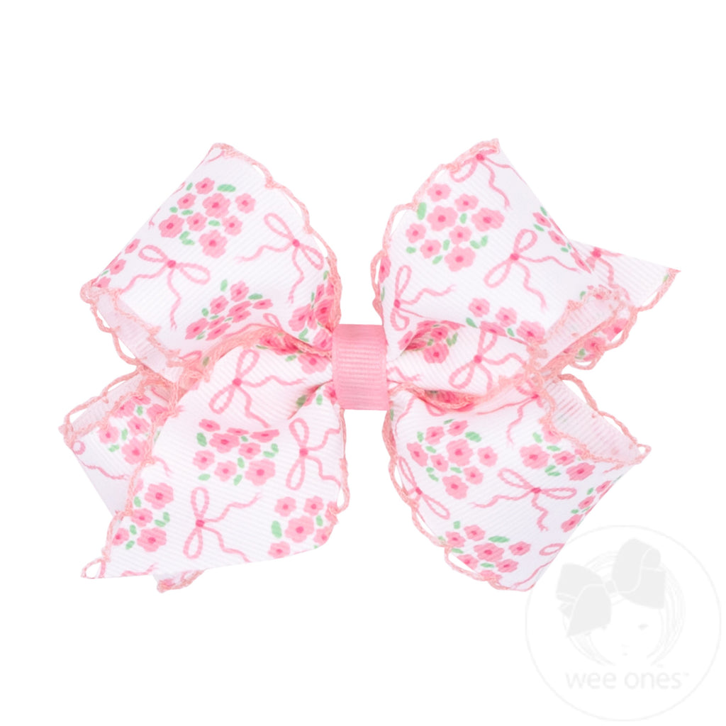 Medium Moonstitch Hair Bow in Pink Bow and Flower Print