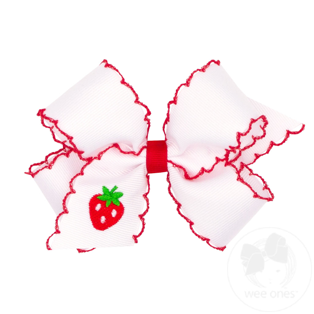 Medium Strawberry Embroidered Moonstitch Edge Hair Bow