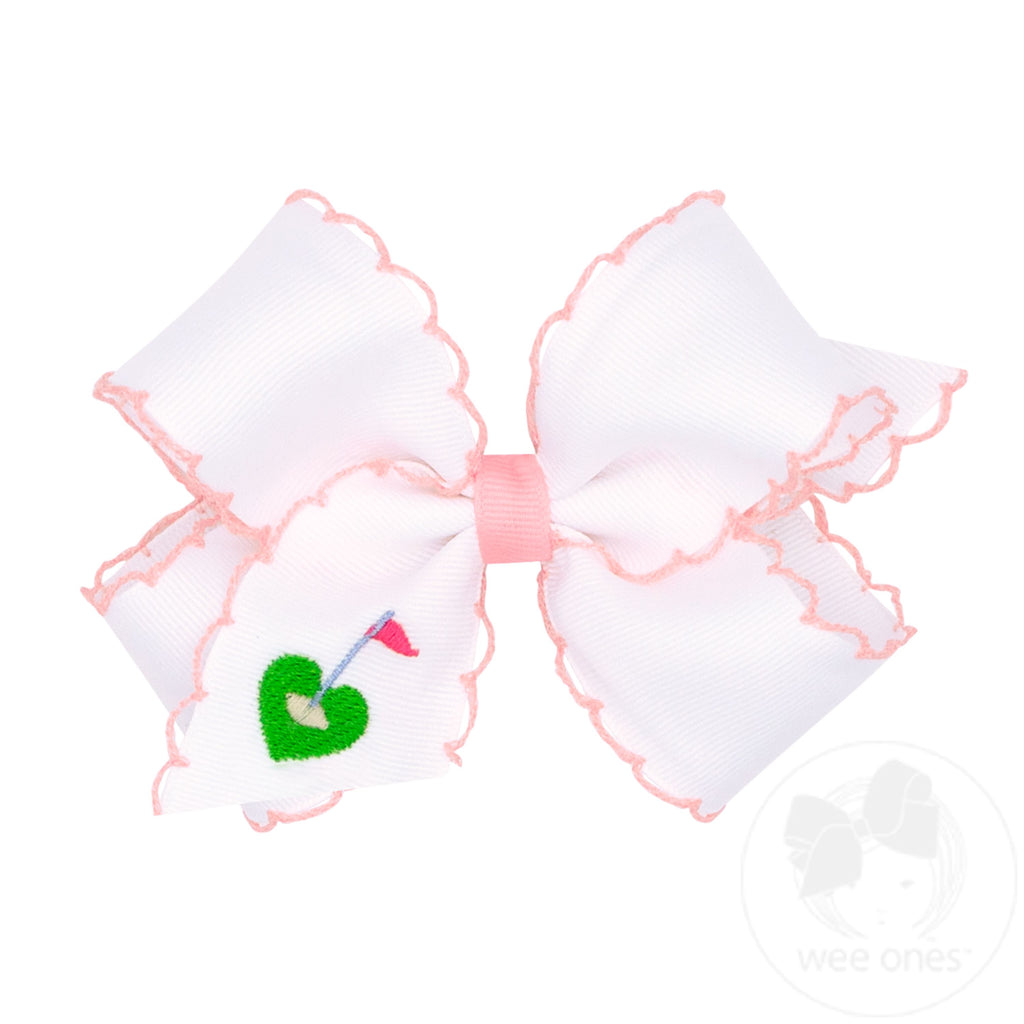 Medium Golf Green Embroidered Moonstitch Edge Hair Bow