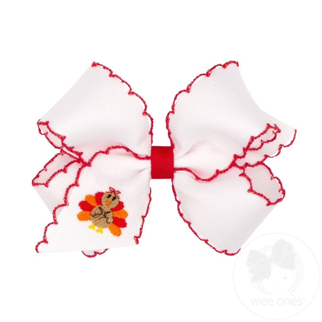 Medium Harvest Turkey Embroidery Moonstitch Hair Bow