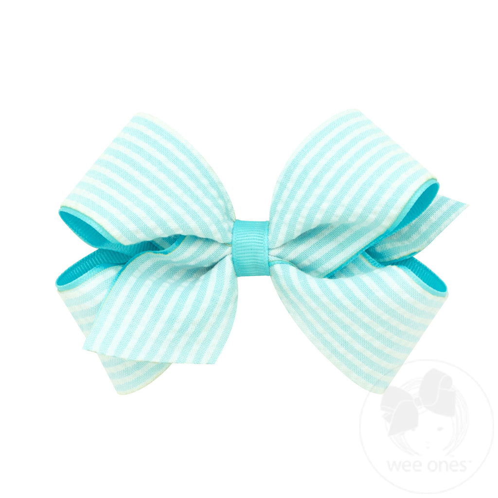 Medium Genuine Seersucker Fabric Grosgrain Overlay Hair Bow