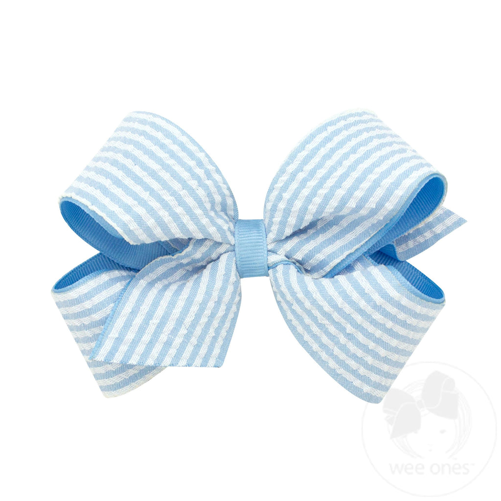 Medium Genuine Seersucker Fabric Grosgrain Overlay Hair Bow