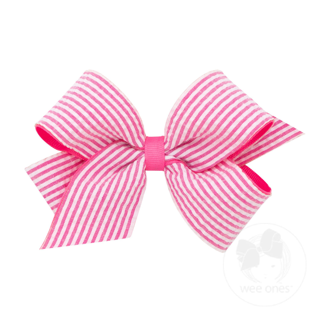Medium Genuine Seersucker Fabric Grosgrain Overlay Hair Bow