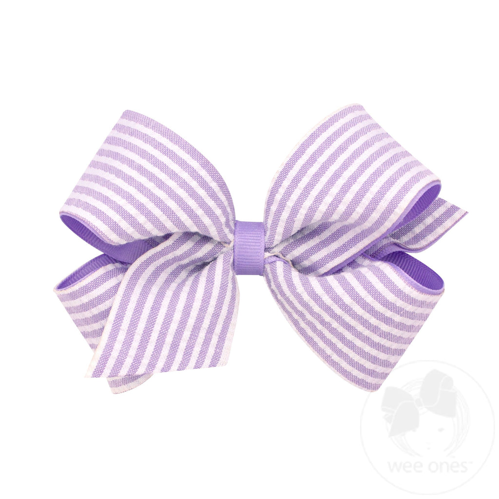 Medium Genuine Seersucker Fabric Grosgrain Overlay Hair Bow