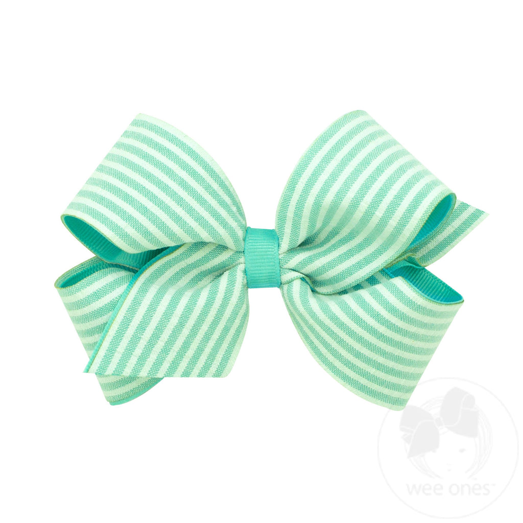 Medium Genuine Seersucker Fabric Grosgrain Overlay Hair Bow