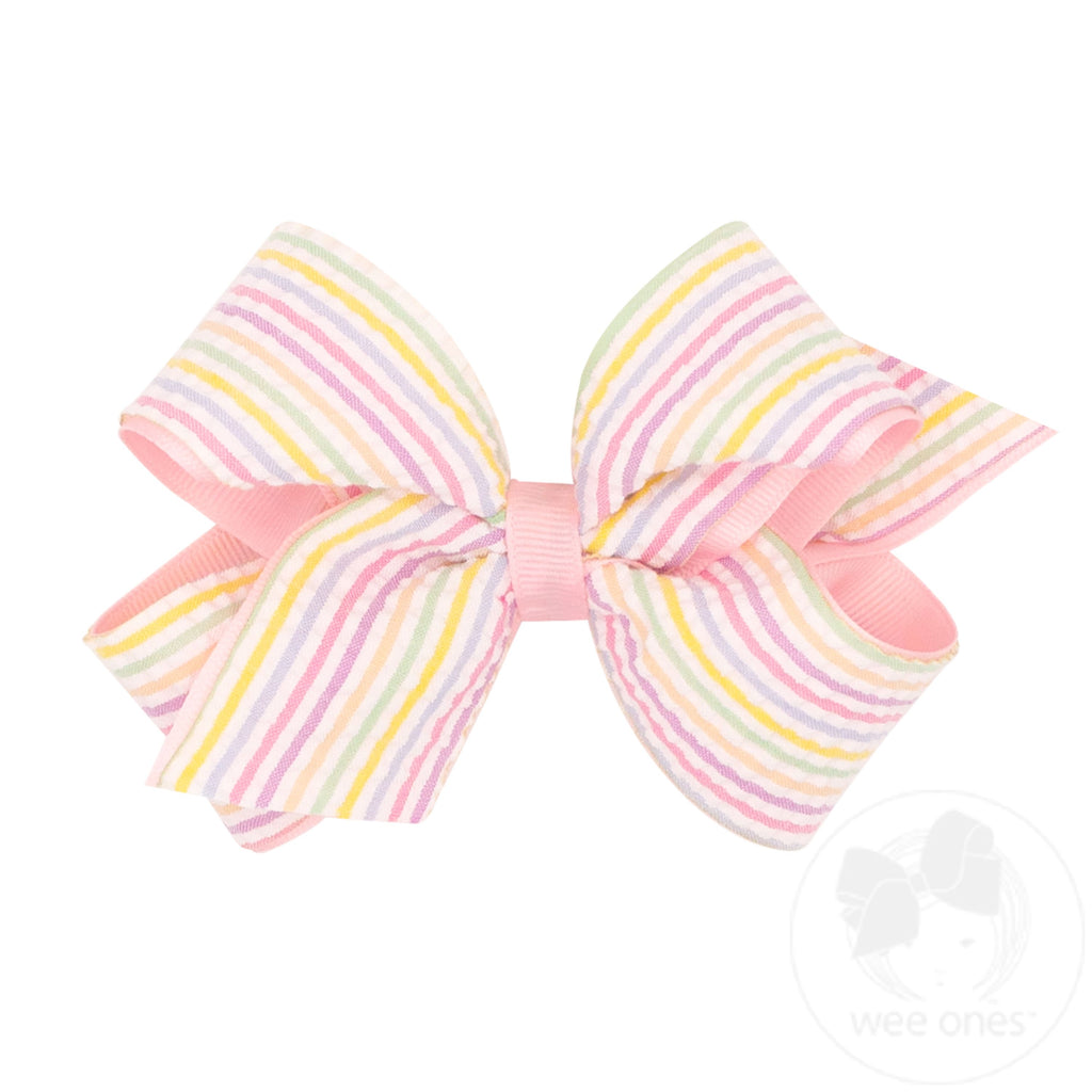 Medium Genuine Seersucker Fabric Grosgrain Overlay Hair Bow