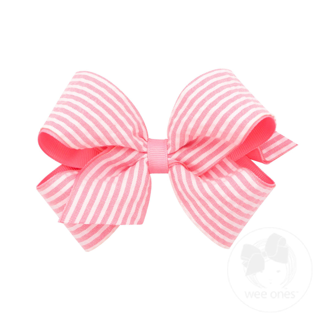 Medium Genuine Seersucker Fabric Grosgrain Overlay Hair Bow