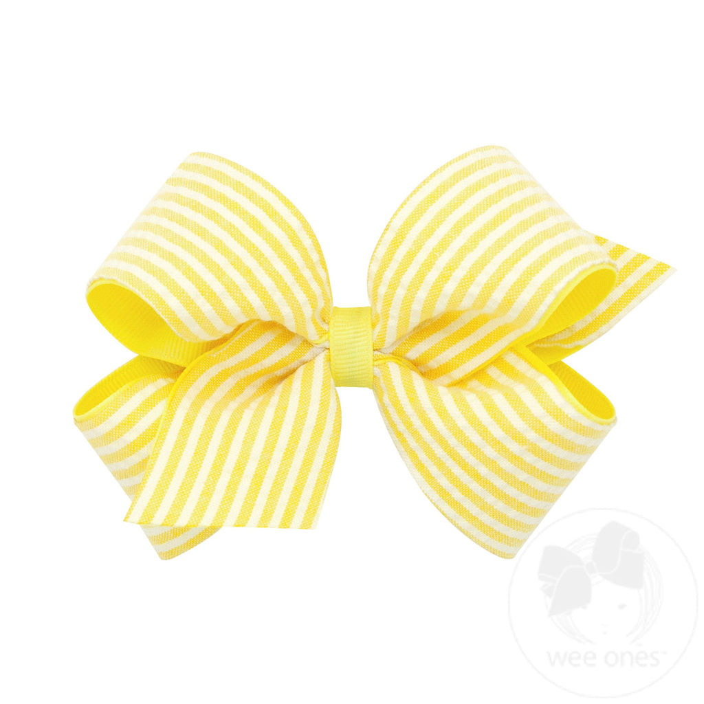Medium Genuine Seersucker Fabric Grosgrain Overlay Hair Bow