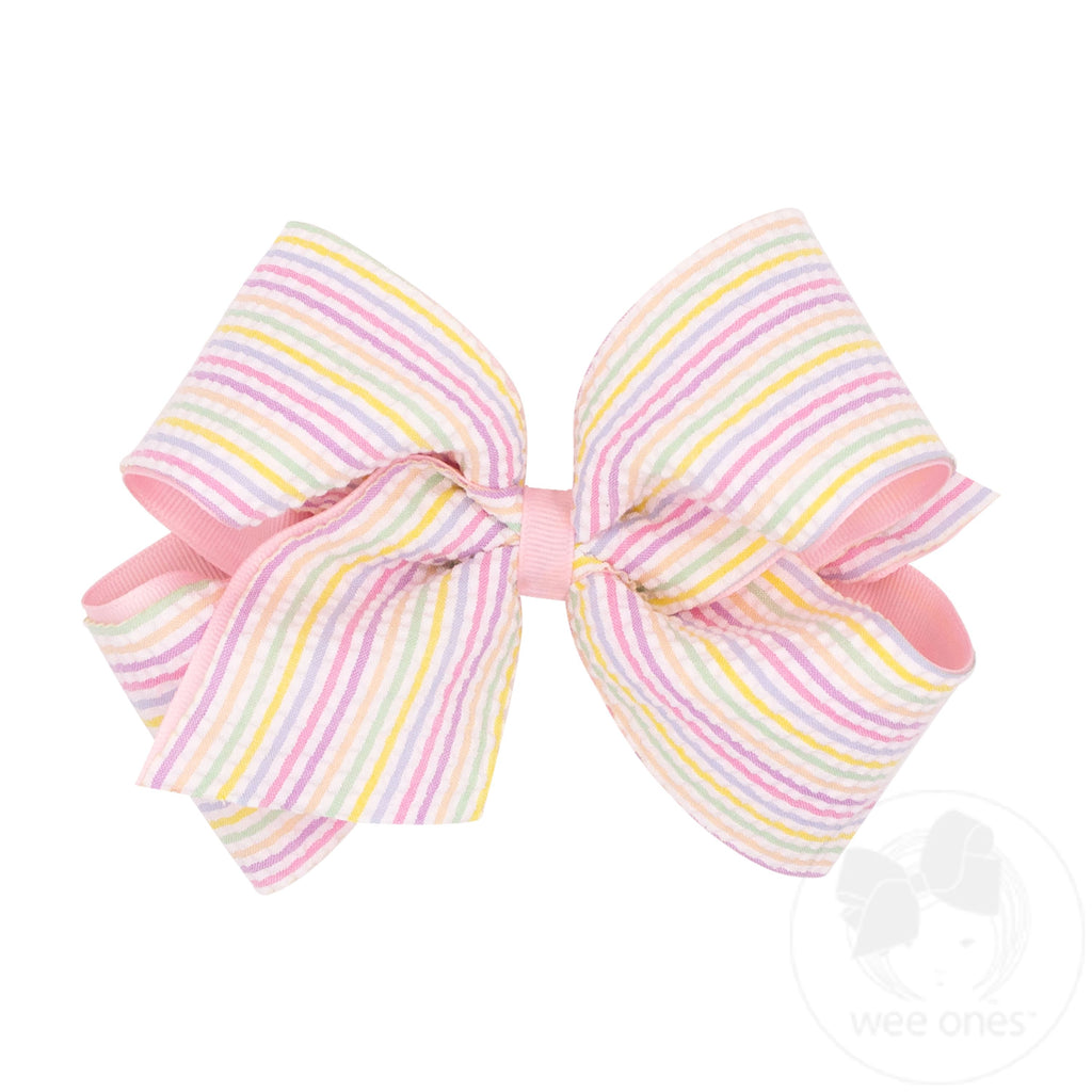 King Genuine Seersucker Fabric and Grosgrain Overlay Hair Bow