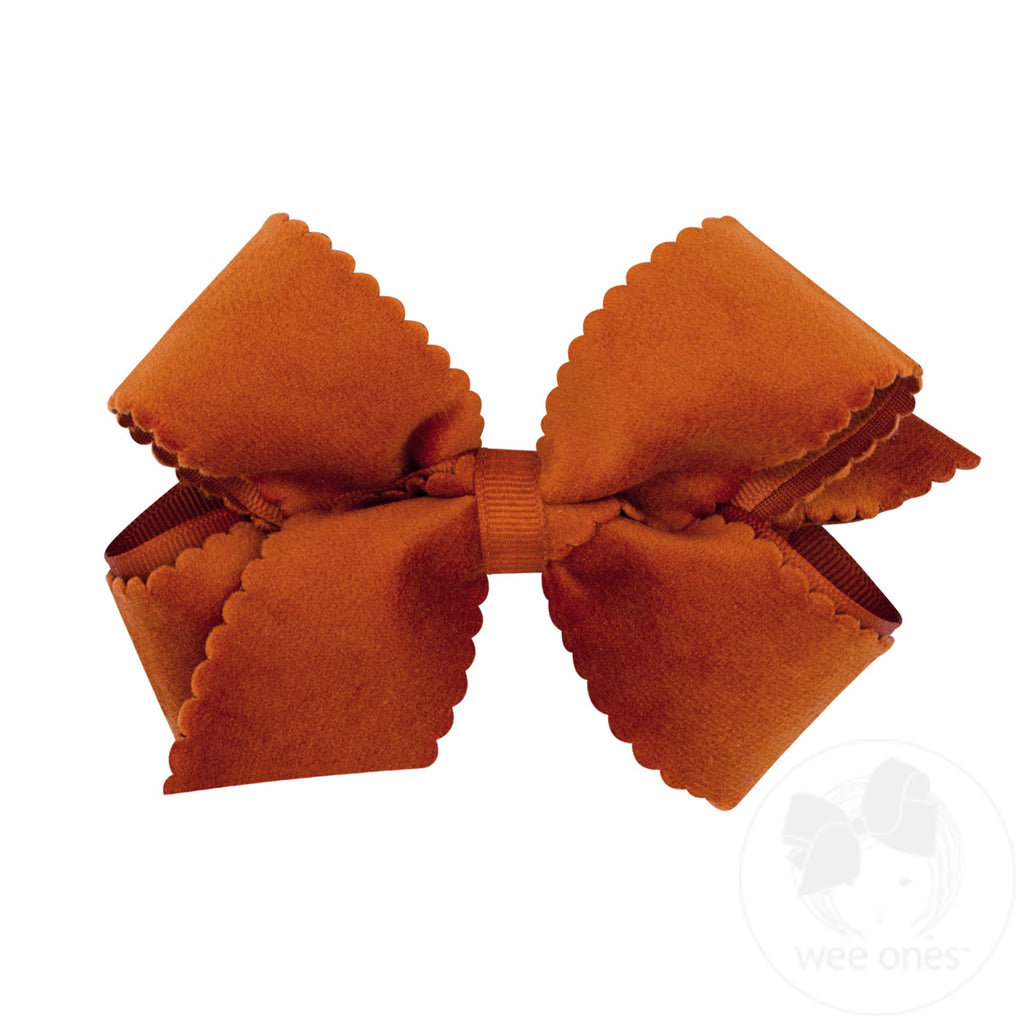 Medium Grosgrain Hair Bow with Scalloped Edge Faux Velvet Overlay