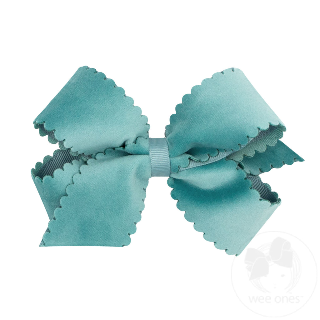 Medium Grosgrain Hair Bow with Scalloped Edge Faux Velvet Overlay