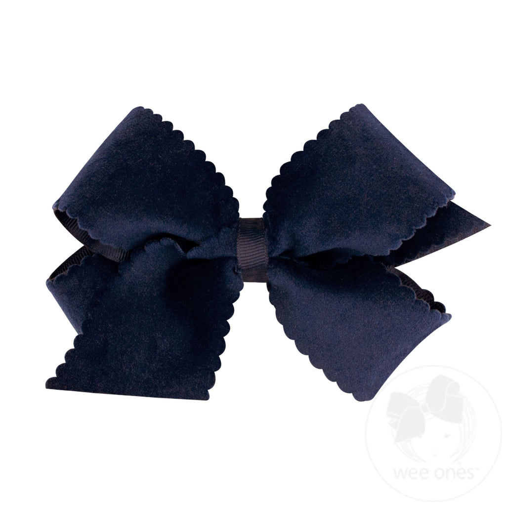 Medium Grosgrain Hair Bow with Scalloped Edge Faux Velvet Overlay