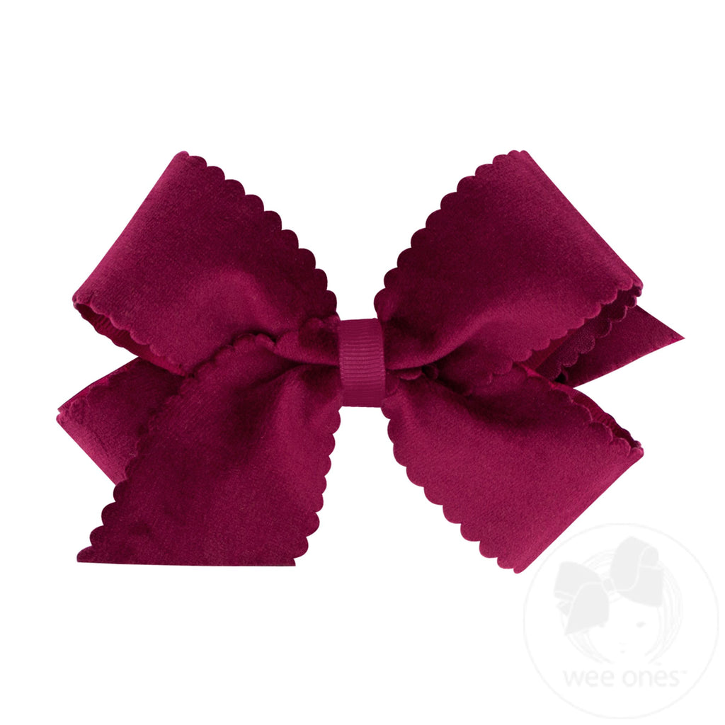 Medium Grosgrain Hair Bow with Scalloped Edge Faux Velvet Overlay