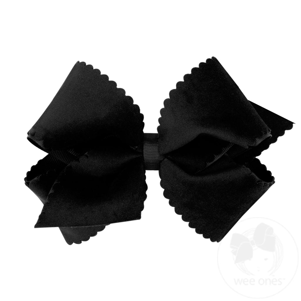 Small King Grosgrain Hair Bow with Scalloped Edge Faux Velvet Overlay