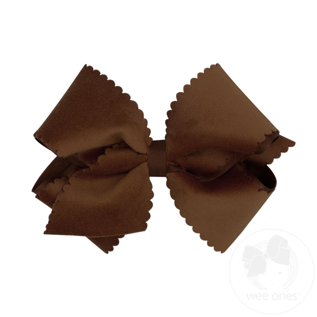 Small King Grosgrain Hair Bow with Scalloped Edge Faux Velvet Overlay