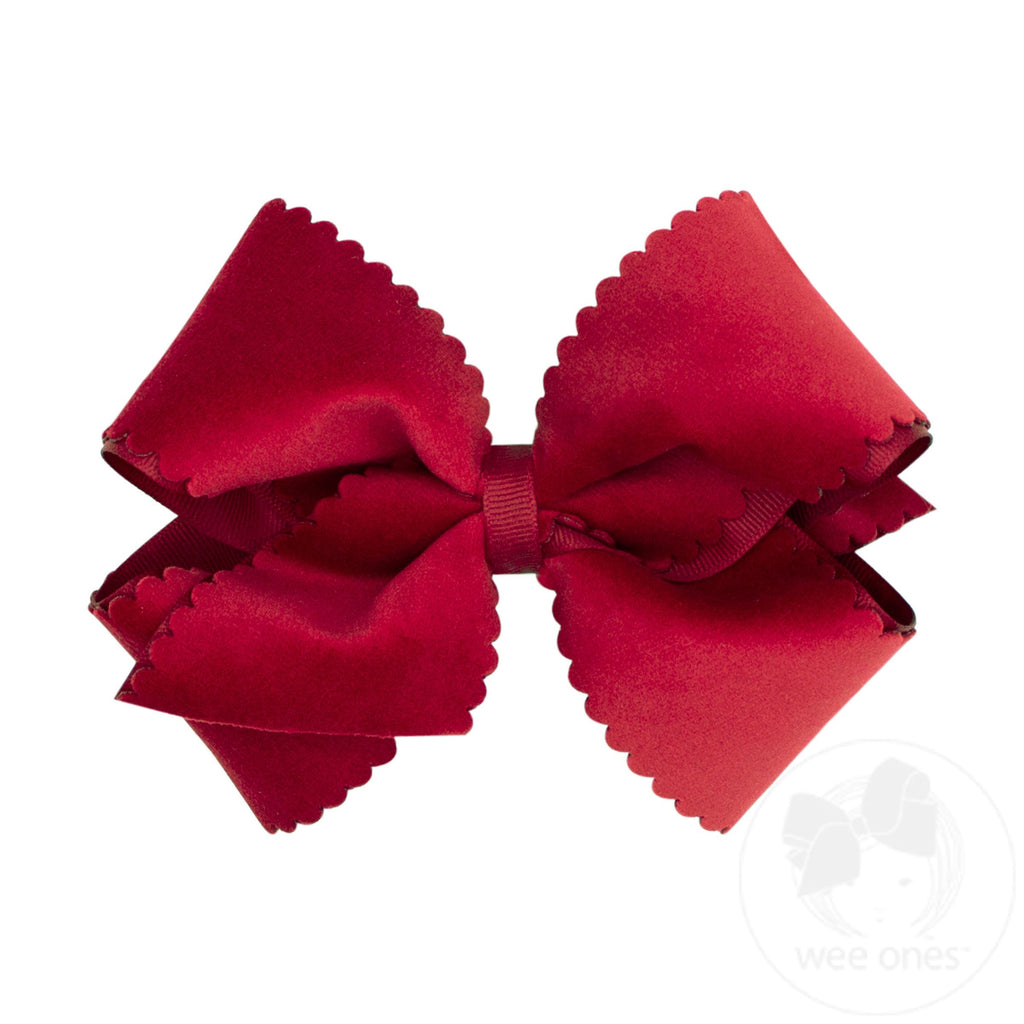 Small King Grosgrain Hair Bow with Scalloped Edge Faux Velvet Overlay