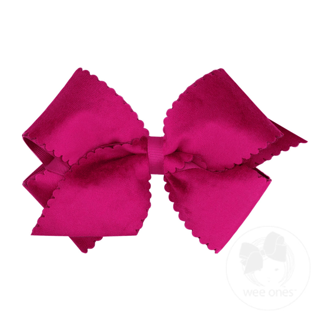 Small King Grosgrain Hair Bow with Scalloped Edge Faux Velvet Overlay