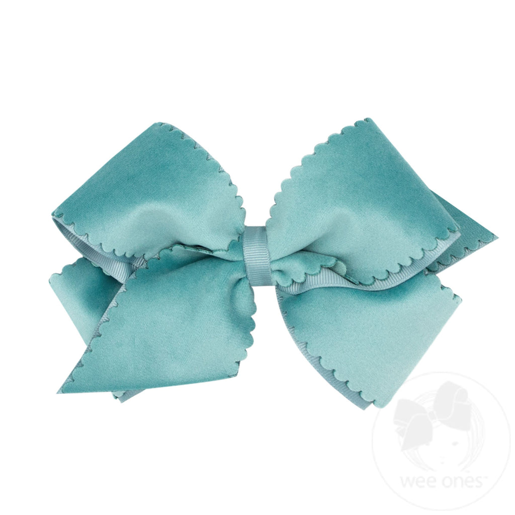 Small King Grosgrain Hair Bow with Scalloped Edge Faux Velvet Overlay