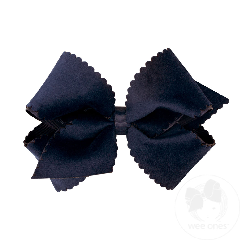 Small King Grosgrain Hair Bow with Scalloped Edge Faux Velvet Overlay