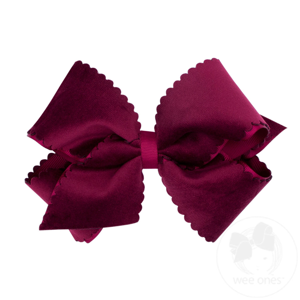 Small King Grosgrain Hair Bow with Scalloped Edge Faux Velvet Overlay