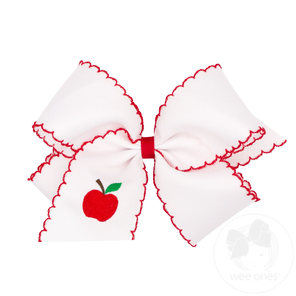 King Grosgrain Hair Bow with Moonstitch Edges and Apple Embroidery