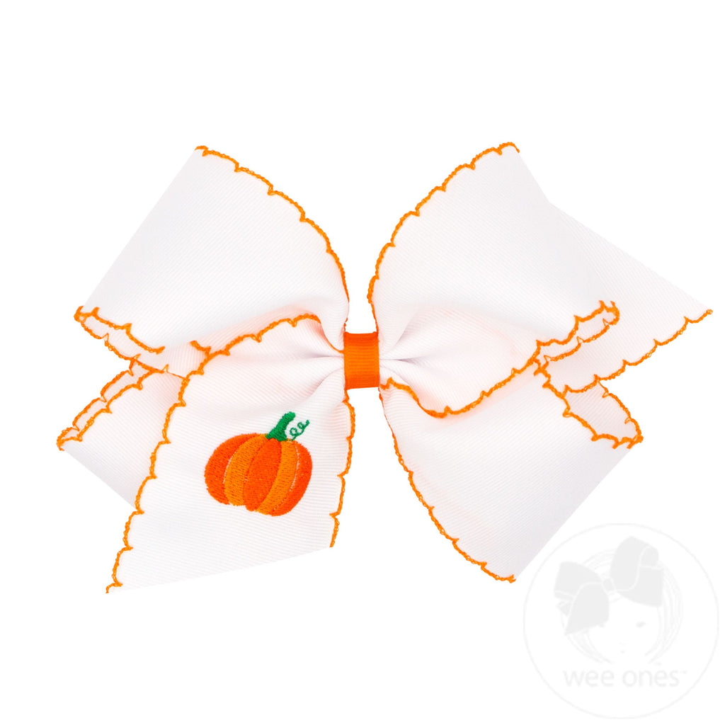 King Grosgrain Hair Bow with Moonstitch Edges and Pumpkin Embroidery